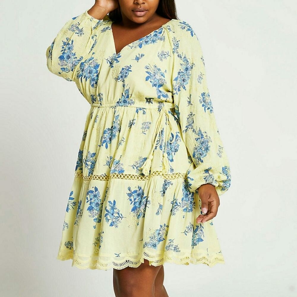 River Island Babydoll Floral Dress Eyelet Ladder Stitching Embroidery Size 20